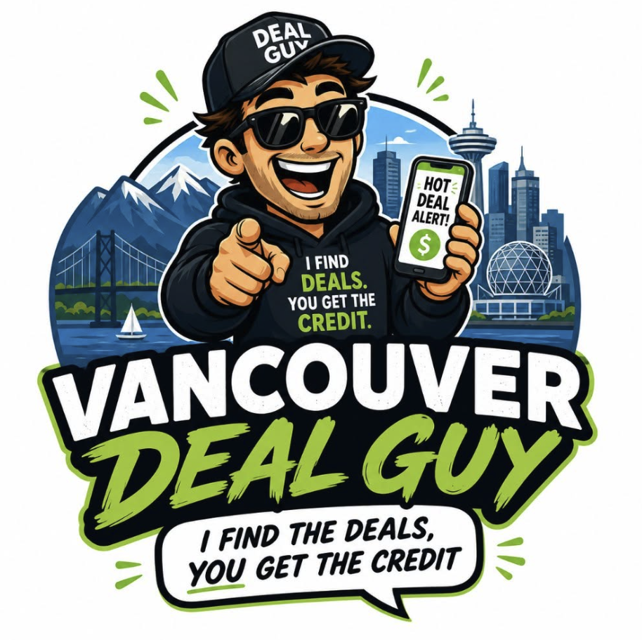 The Vancouver Deal Guy mascot pointing at a hot deal alert on his phone, with the Vancouver skyline behind him
